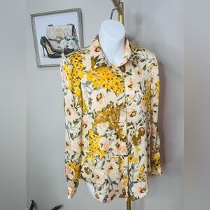 ZARA Cream Floral Button-Down Shirt with Yellow & Peach Flowers